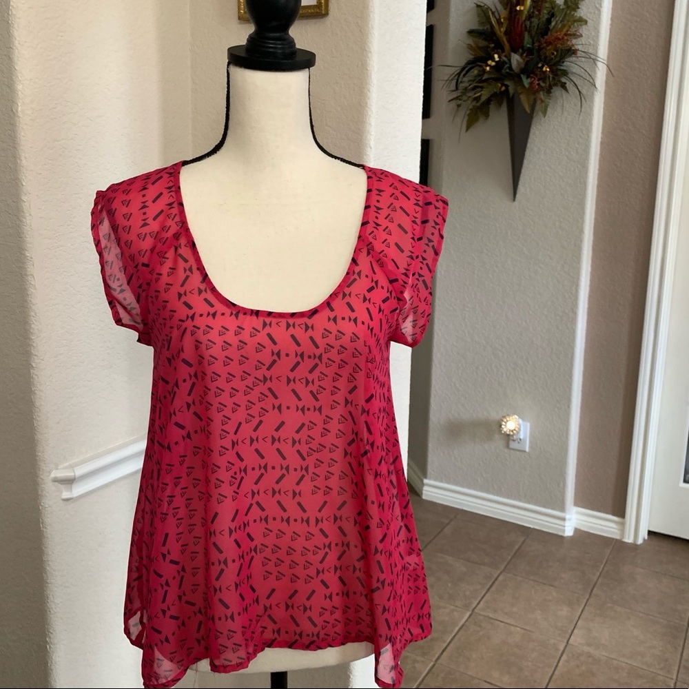 Red Camel hot pink & blue Aztec print sheer top blouse Size M